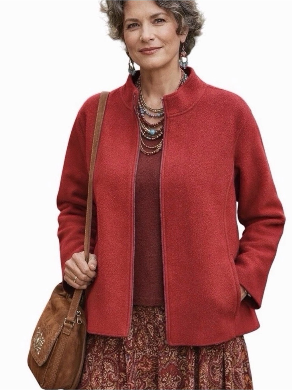 1X Eileen Fisher Red Funnel-Neck Zippered Jacket